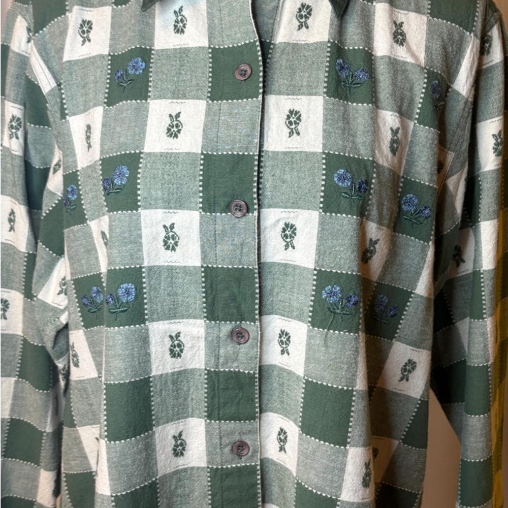 Fashion Bug Green and White Plaid Shirt with Blue Floral Accents